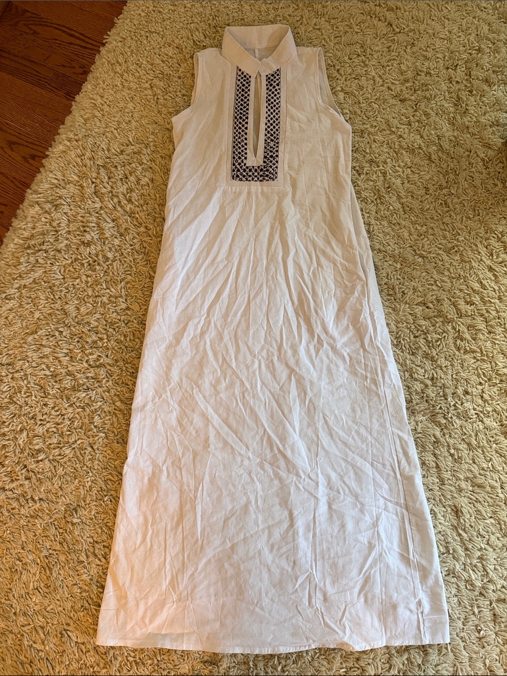 Sleeveless White Maxi Dress with Embroidered Placket; perfect beach coverup; S